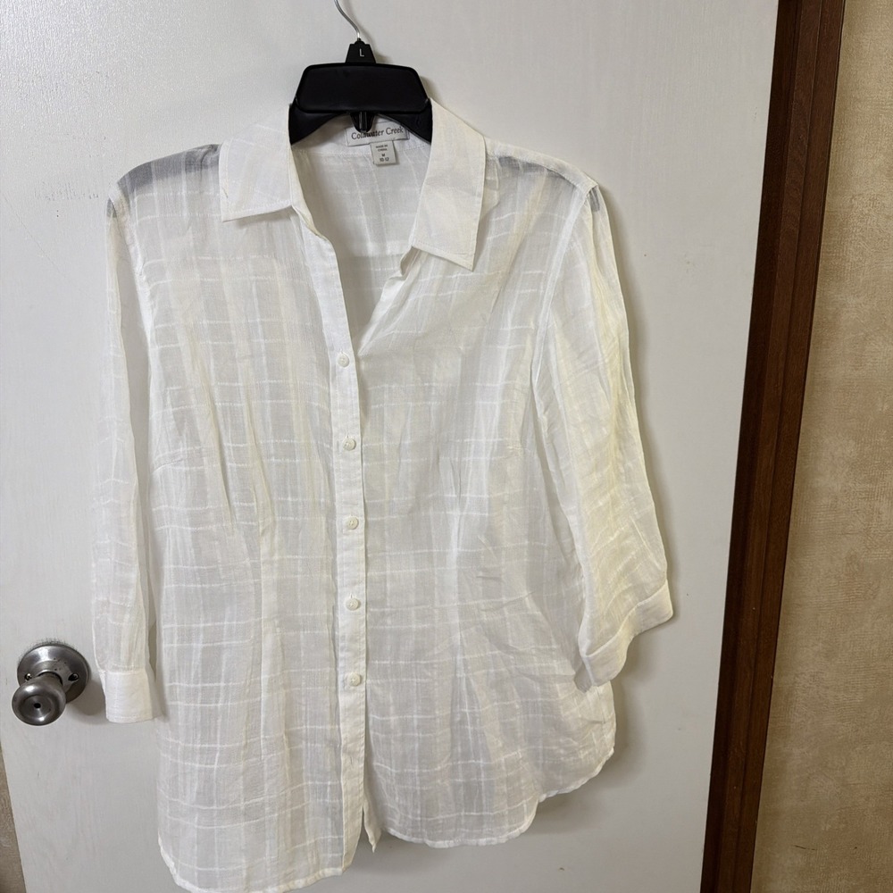 Coldwater Creek White Button Down Shirt Sheer 3/4 Sleeve Size M 10-12